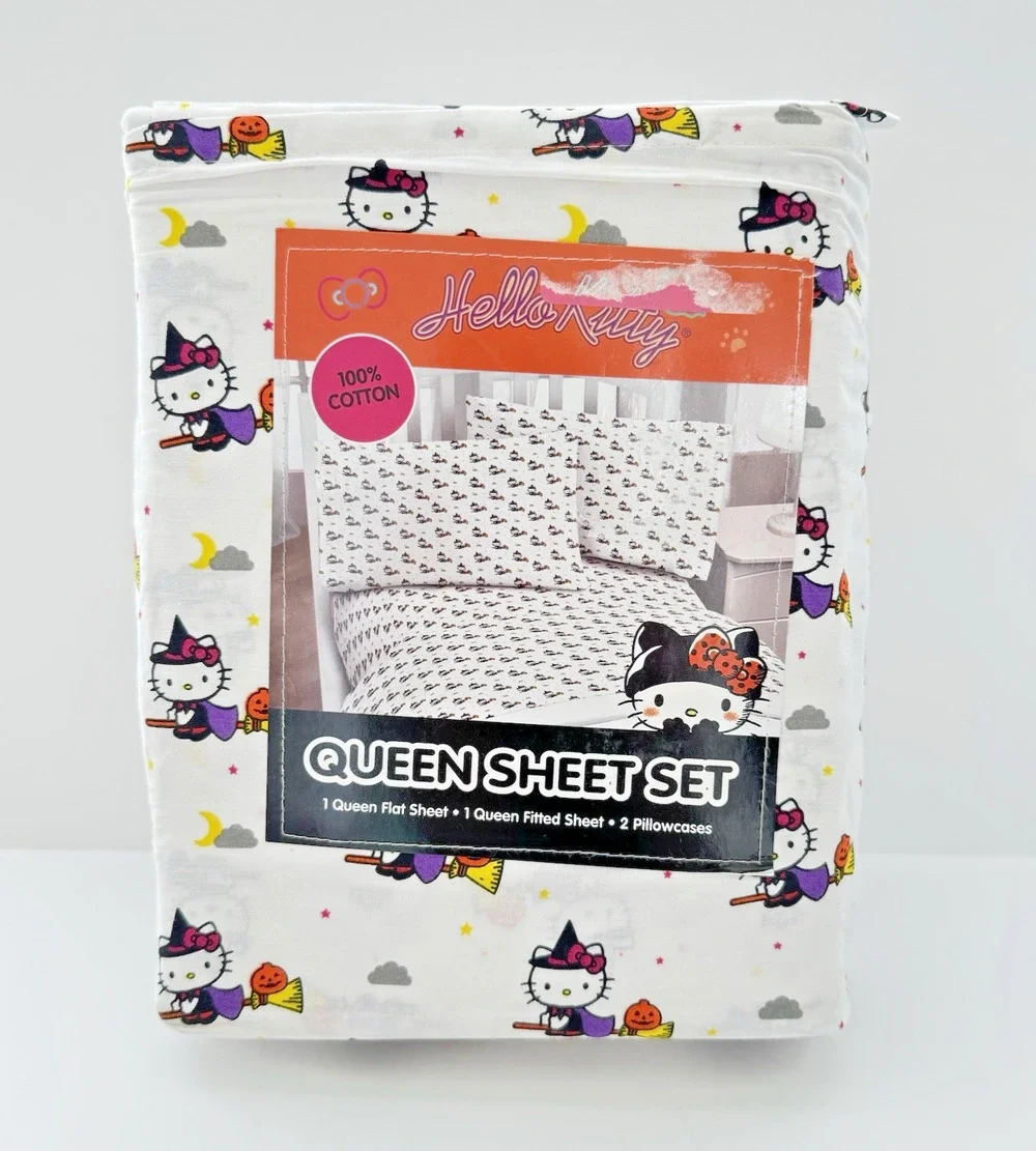 NWT Sanrio HELLO KITTY Queen Sheet Set HALLOWEEN Witch Pumpkin 4-PC Cotton